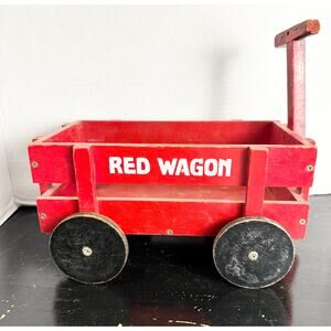Antique Wooden Wagon Childrens Pull Toy, RED WAGON About 14"x11" Baby Decor